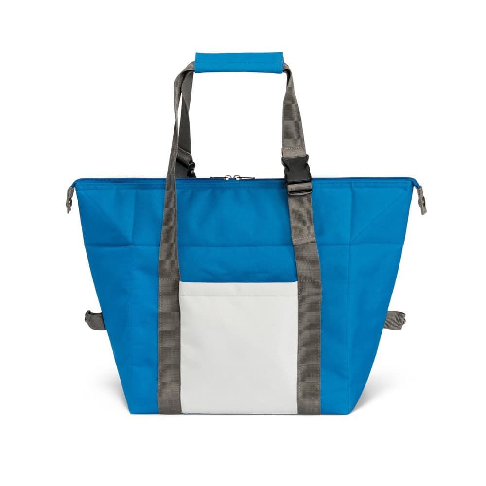 Kylväska i blått med grå handtag och vit frontficka, 16 L kapacitet.