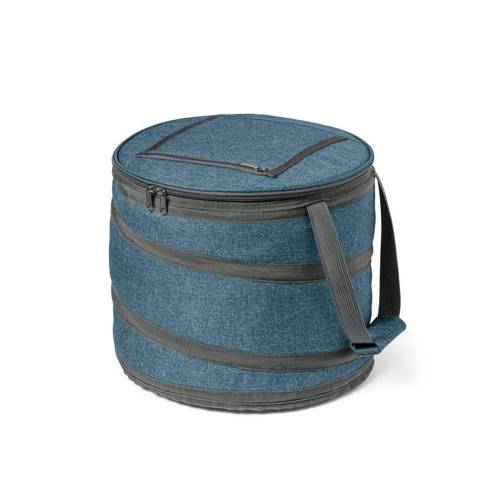 Vikbar kylpåse i blått tygmateriale med handtag och dragkedja, perfekt för kylning på resor och utfl.