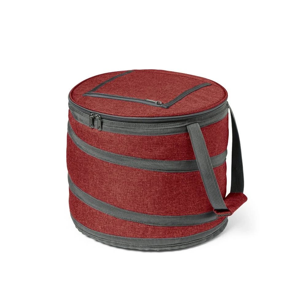 Vikbar kylpåse i rött med gråa detaljer, perfekt för mat och dryck på resan.
