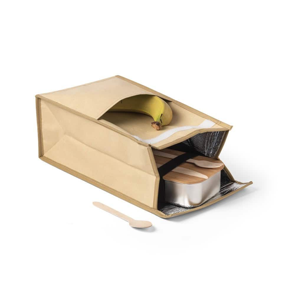 Kylväska i papper med två fack för mat och dryck, perfekt för kalla dagar.