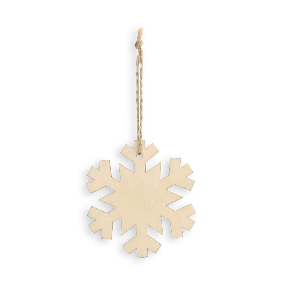 Träsnöflinga som julpynt, naturlig och enkel design.