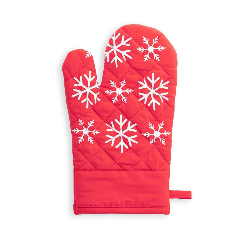 Varm kökshandske i rött med vita snöflingor, perfekt för vinterbakning och matlagning.