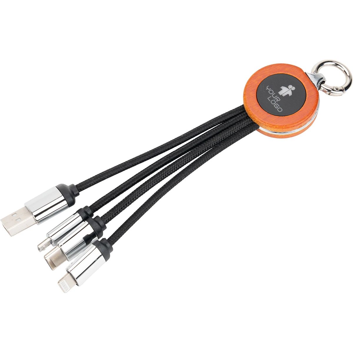 3-in-1 cable with elighted logo in a wooden casing – profilreklam med tryck från ExpoTryck