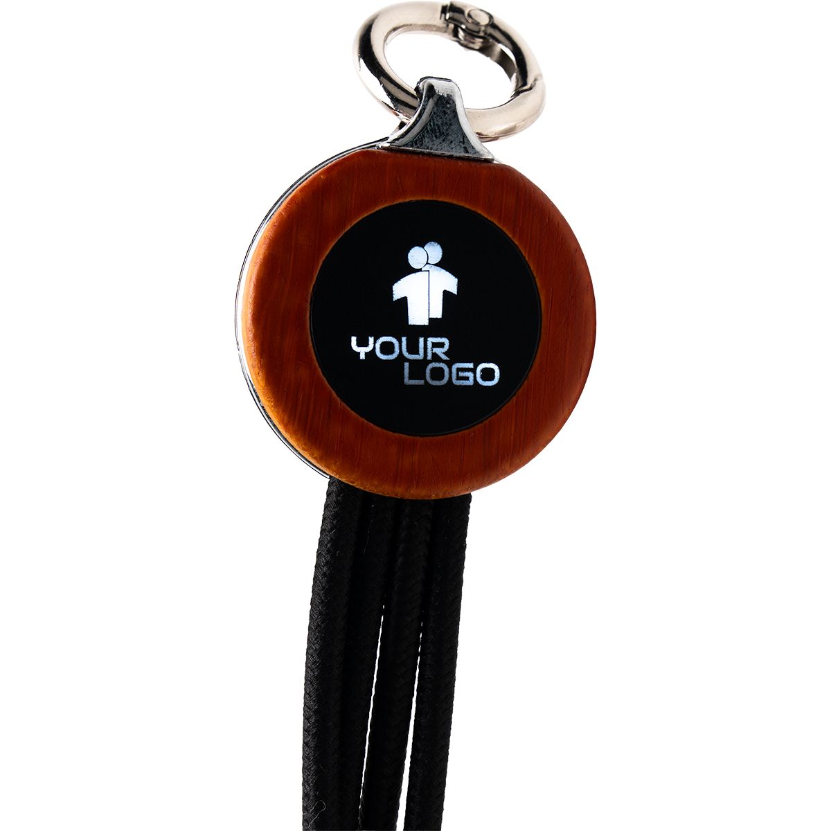 3-in-1 cable with elighted logo in a wooden casing
