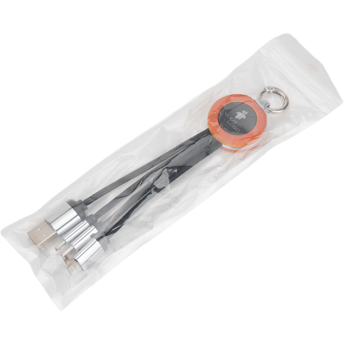 3-in-1 cable with elighted logo in a wooden casing