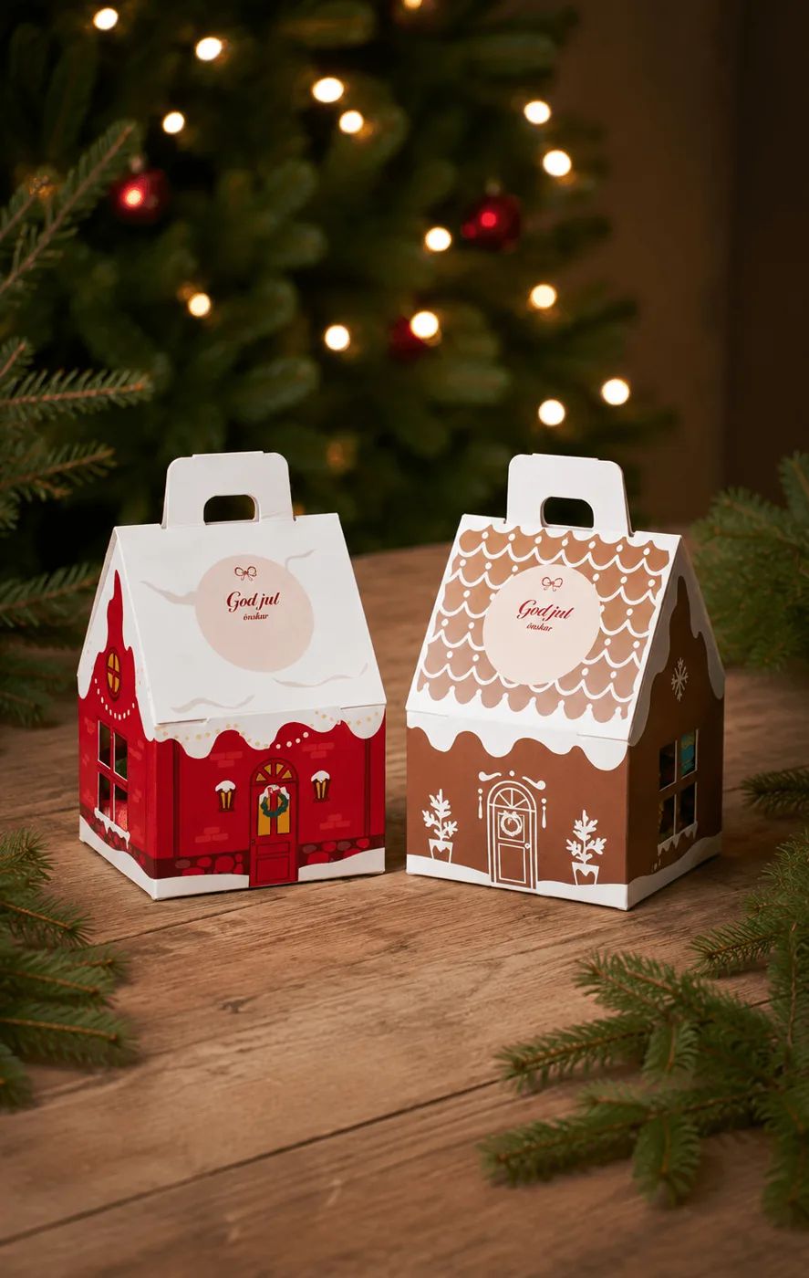 Julhus och pepparkakshus med julgodis under granen